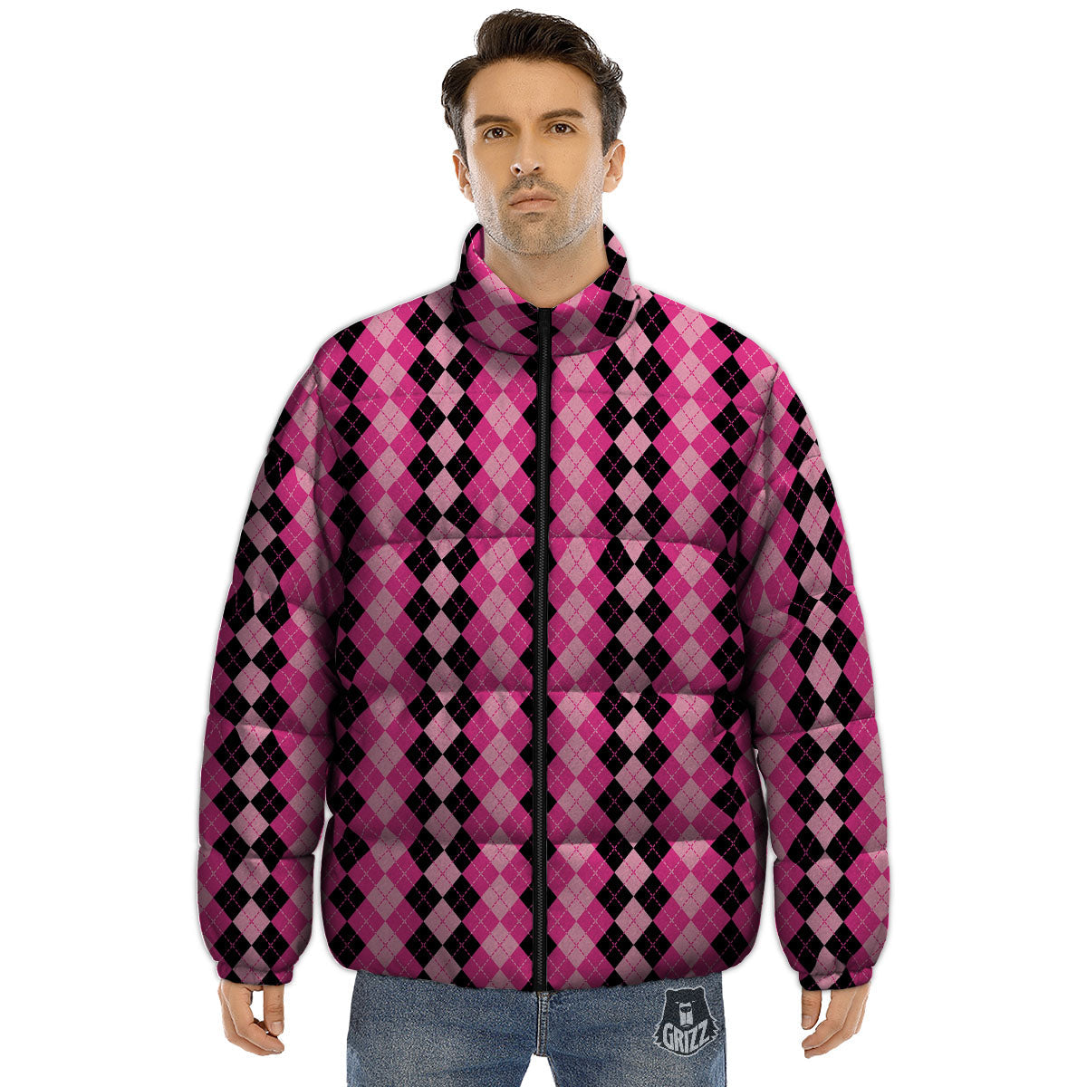 Argyle Pink And Black Print Pattern Puffer Jacket-grizzshop