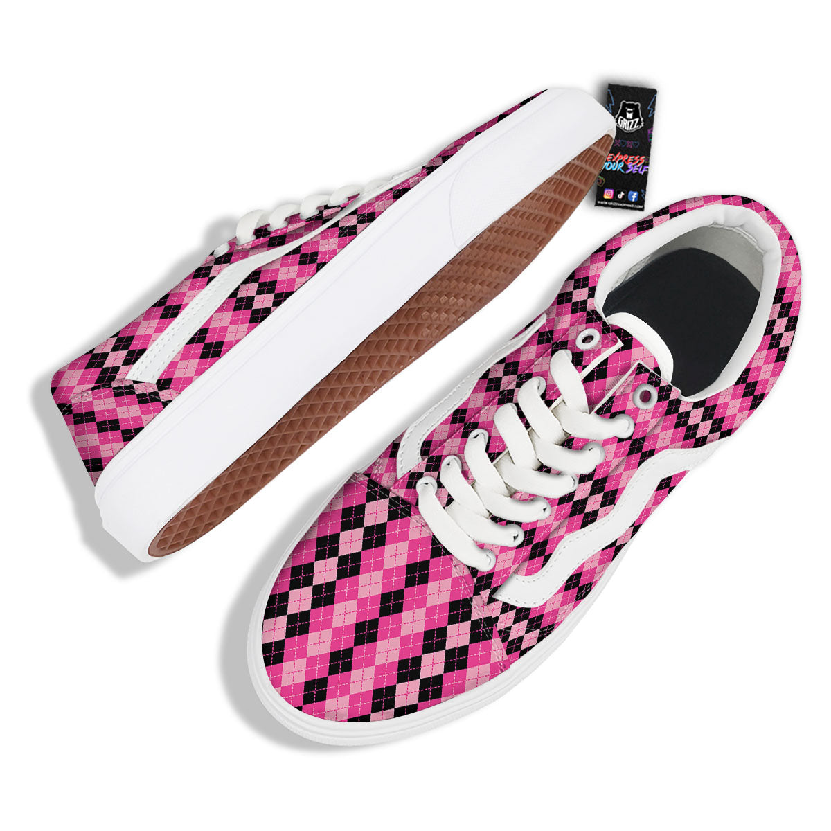 Argyle Pink And Black Print Pattern Skate Shoes-grizzshop