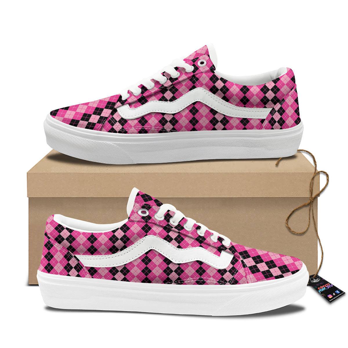 Argyle Pink And Black Print Pattern Skate Shoes-grizzshop