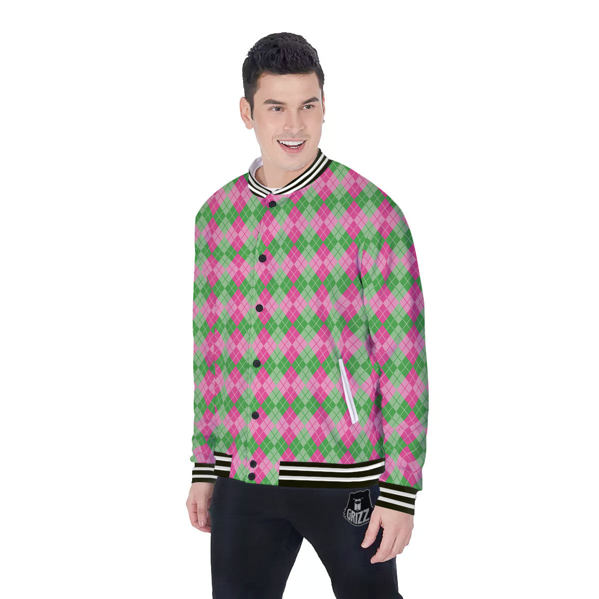 Argyle Pink And Green Print Pattern Baseball Jacket-grizzshop