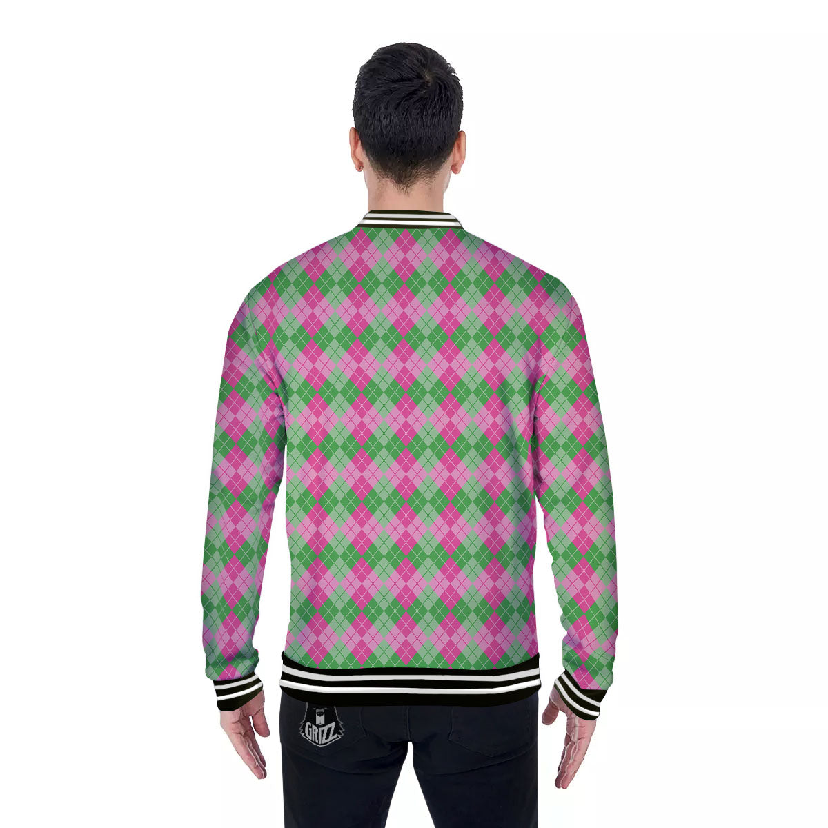 Argyle Pink And Green Print Pattern Baseball Jacket-grizzshop