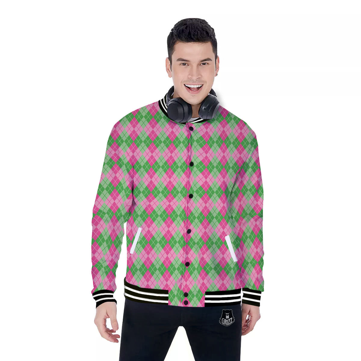 Argyle Pink And Green Print Pattern Baseball Jacket-grizzshop