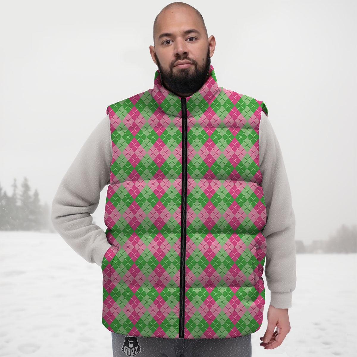 Argyle Pink And Green Print Pattern Down Vest-grizzshop