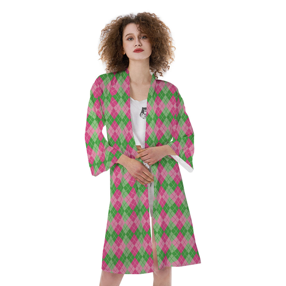 Argyle Pink And Green Print Pattern Kimono-grizzshop
