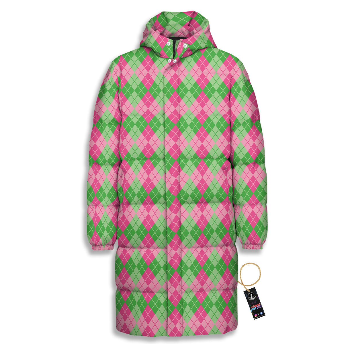 Argyle Pink And Green Print Pattern Long Down Jacket-grizzshop