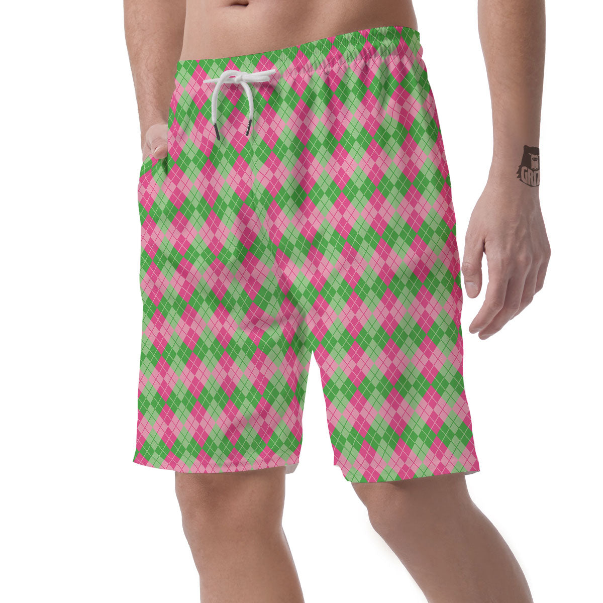 Argyle Pink And Green Print Pattern Men's Shorts-grizzshop