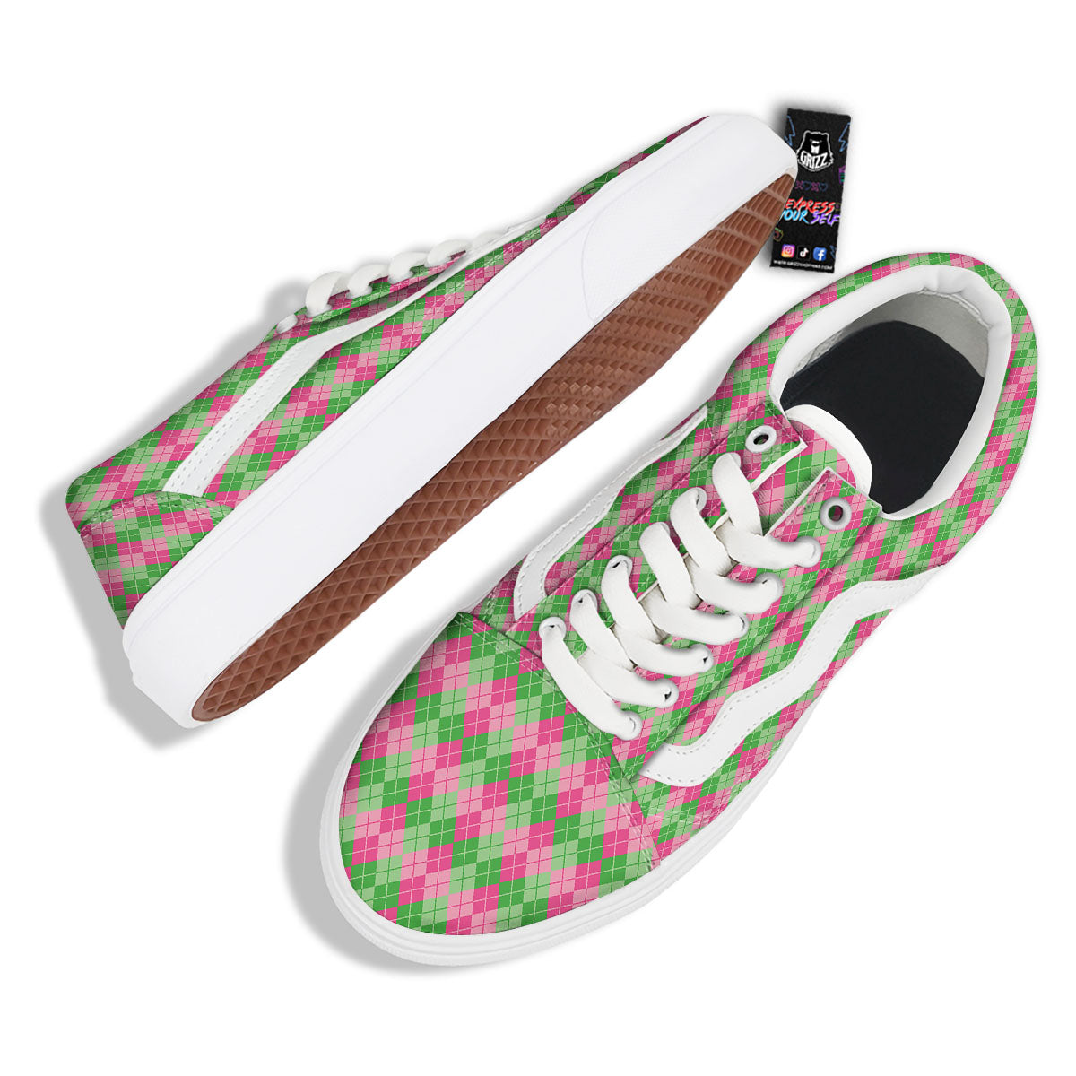 Argyle Pink And Green Print Pattern Skate Shoes-grizzshop