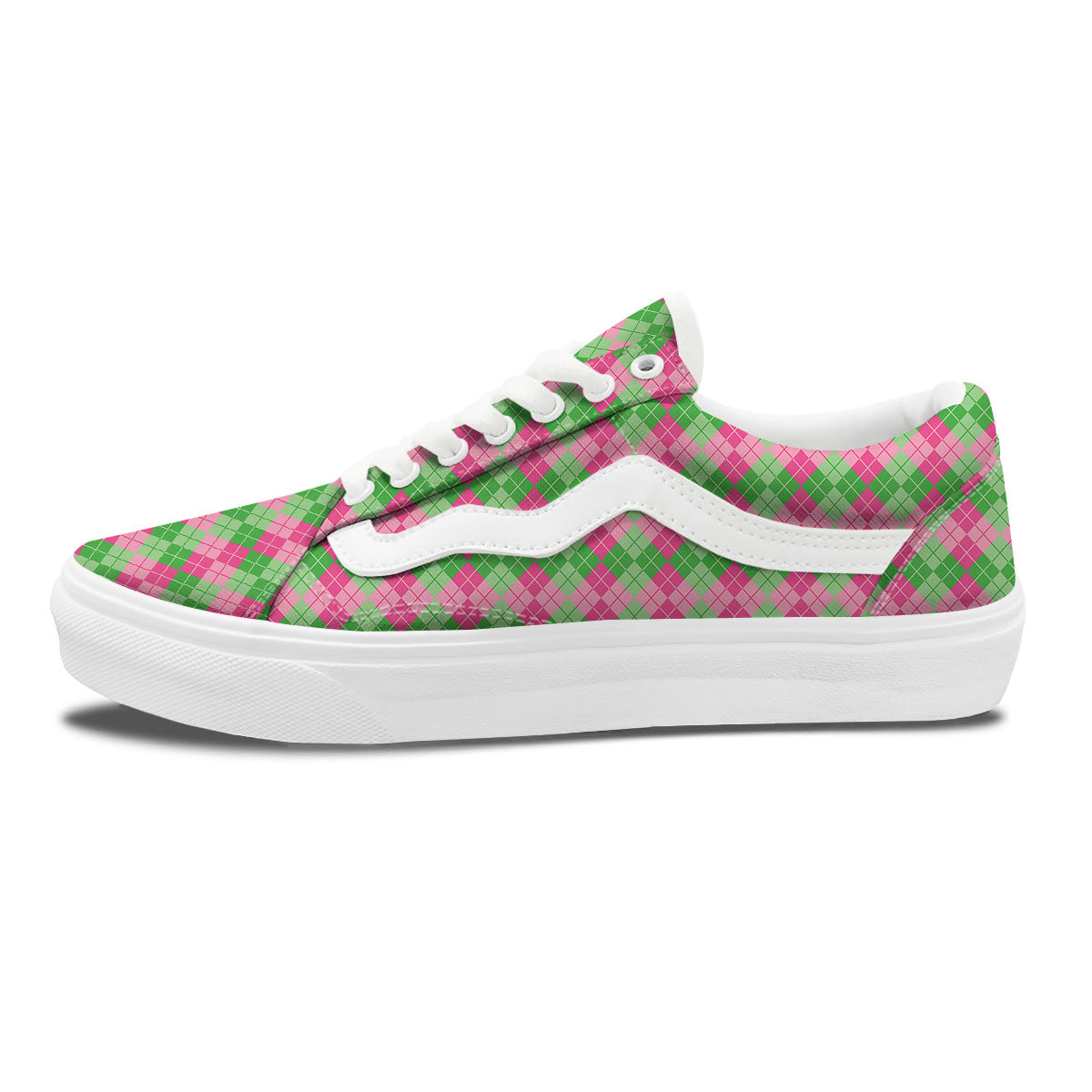 Argyle Pink And Green Print Pattern Skate Shoes-grizzshop