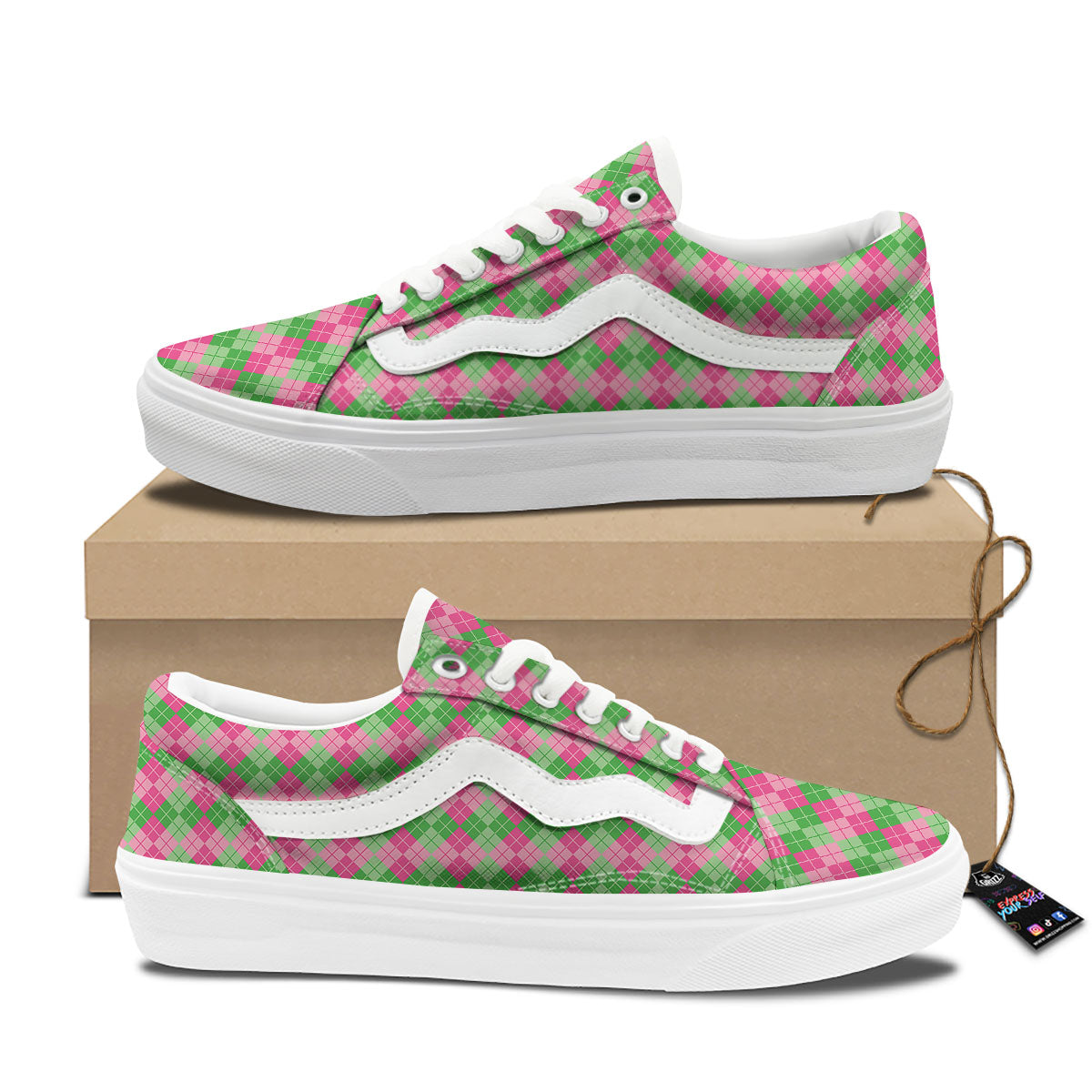 Argyle Pink And Green Print Pattern Skate Shoes-grizzshop