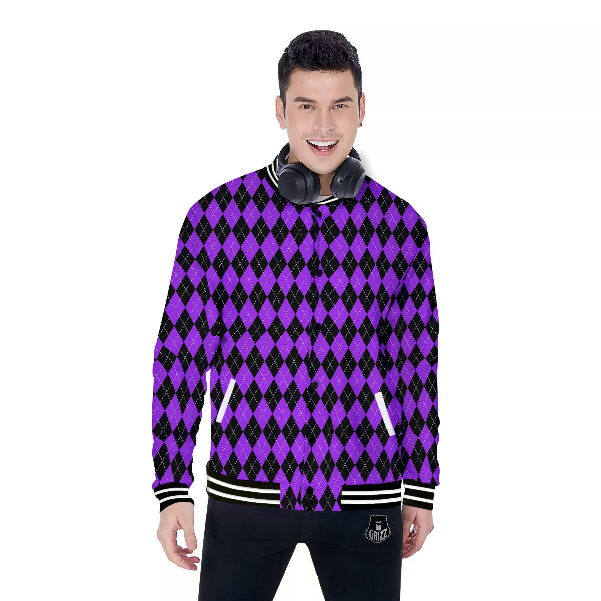 Argyle Purple And Black Print Pattern Baseball Jacket-grizzshop