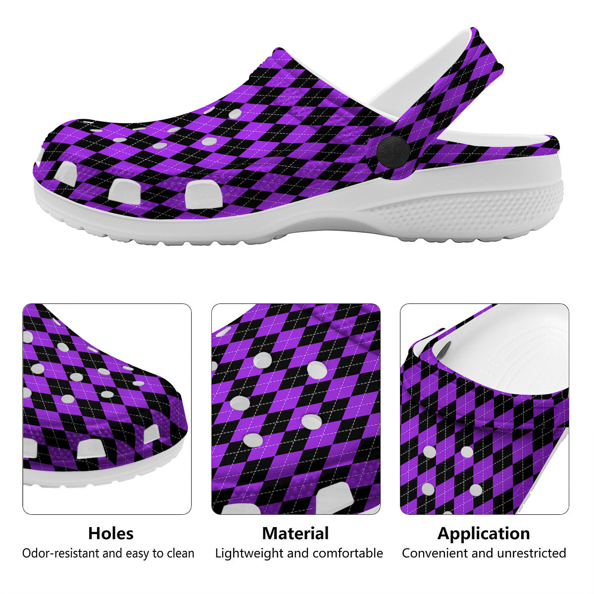 Argyle Purple And Black Print Pattern Clog-grizzshop