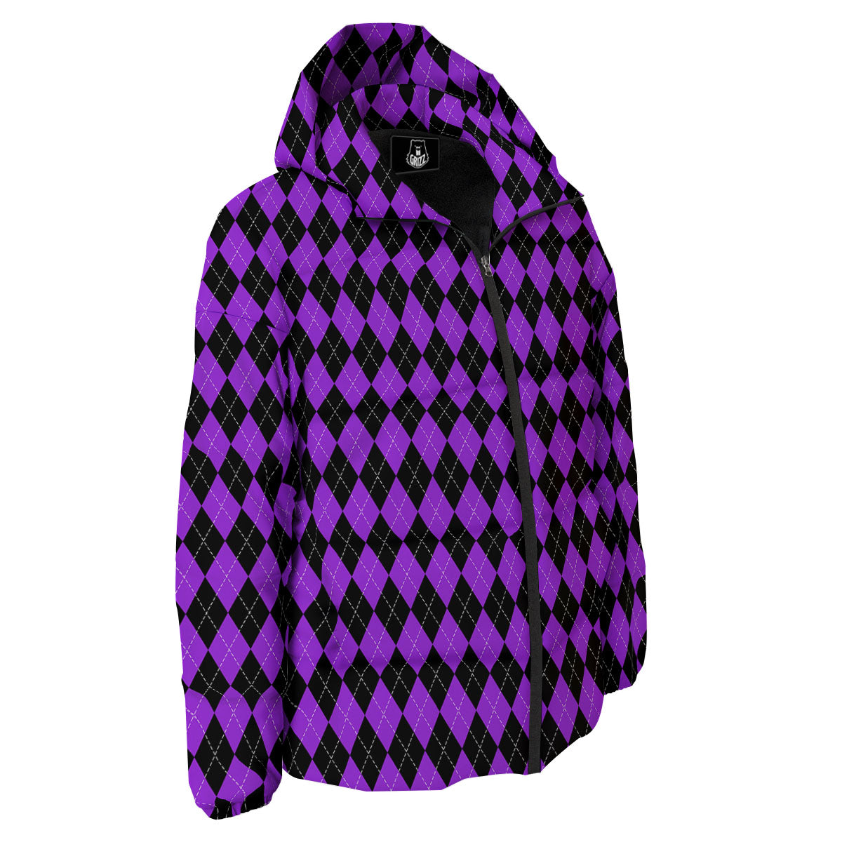 Argyle Purple And Black Print Pattern Down Jacket-grizzshop