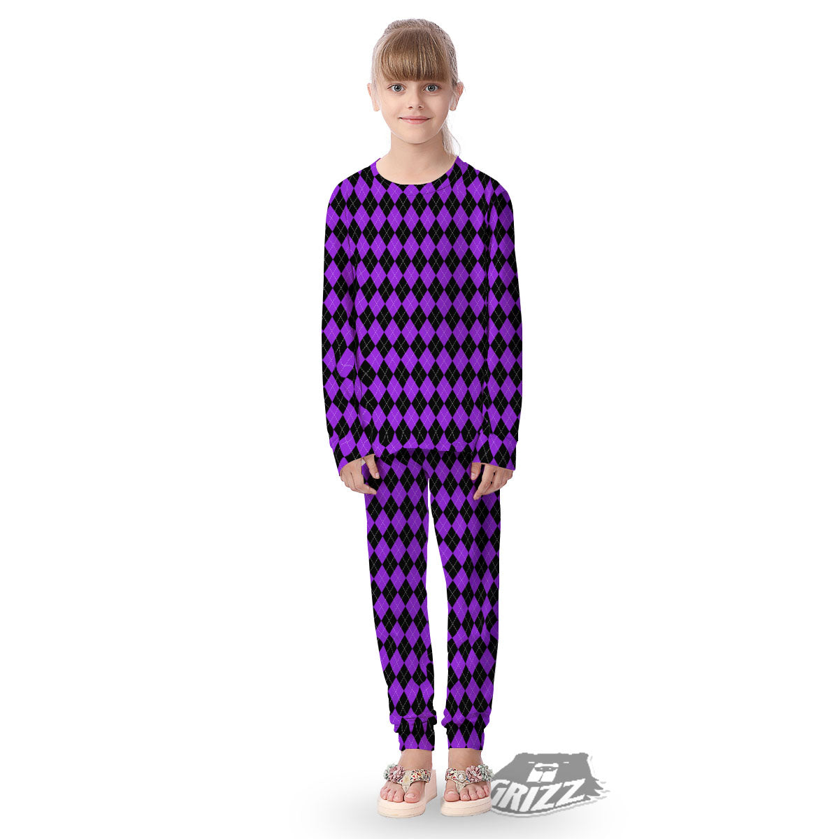 Argyle Purple And Black Print Pattern Kid's Pajamas-grizzshop