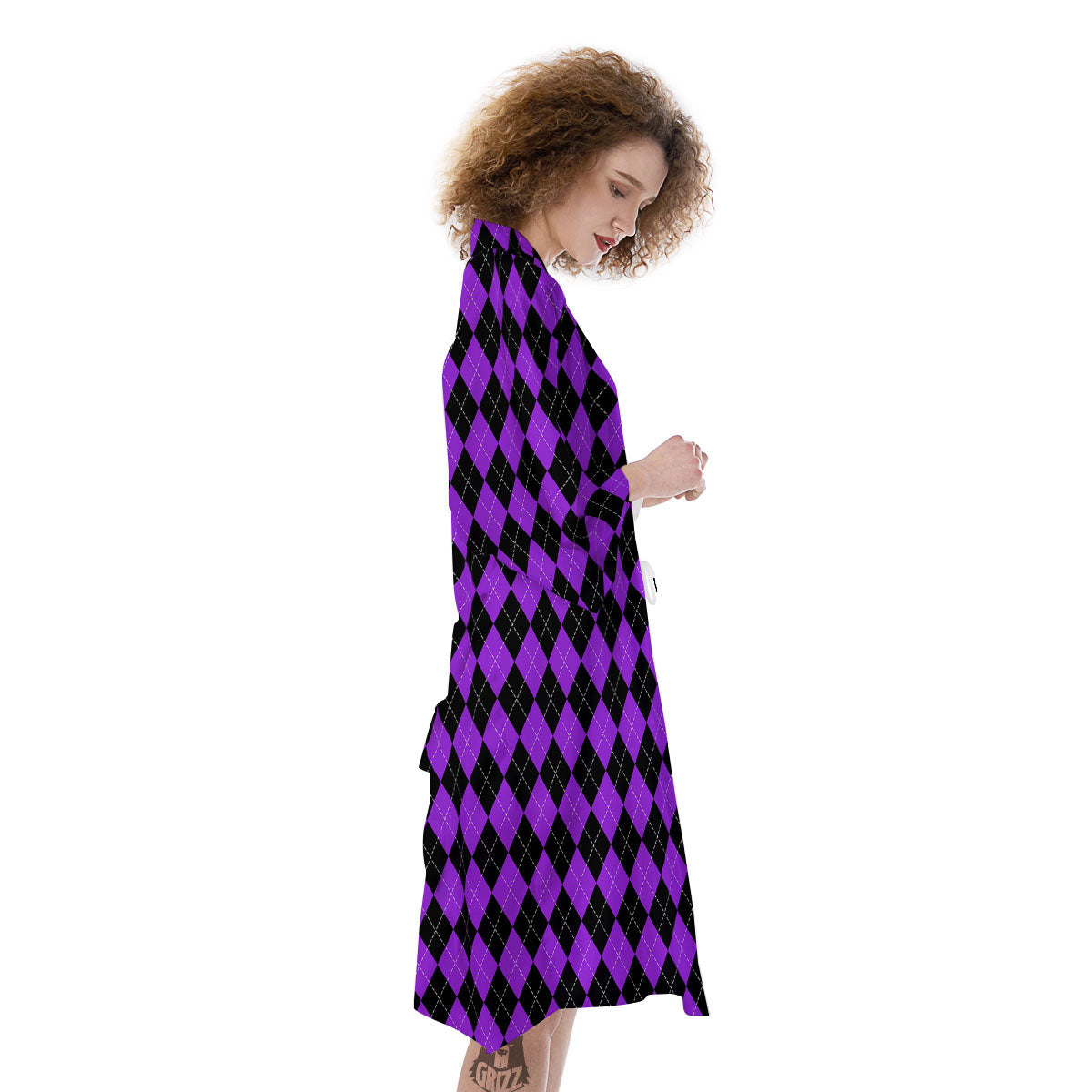Argyle Purple And Black Print Pattern Kimono-grizzshop