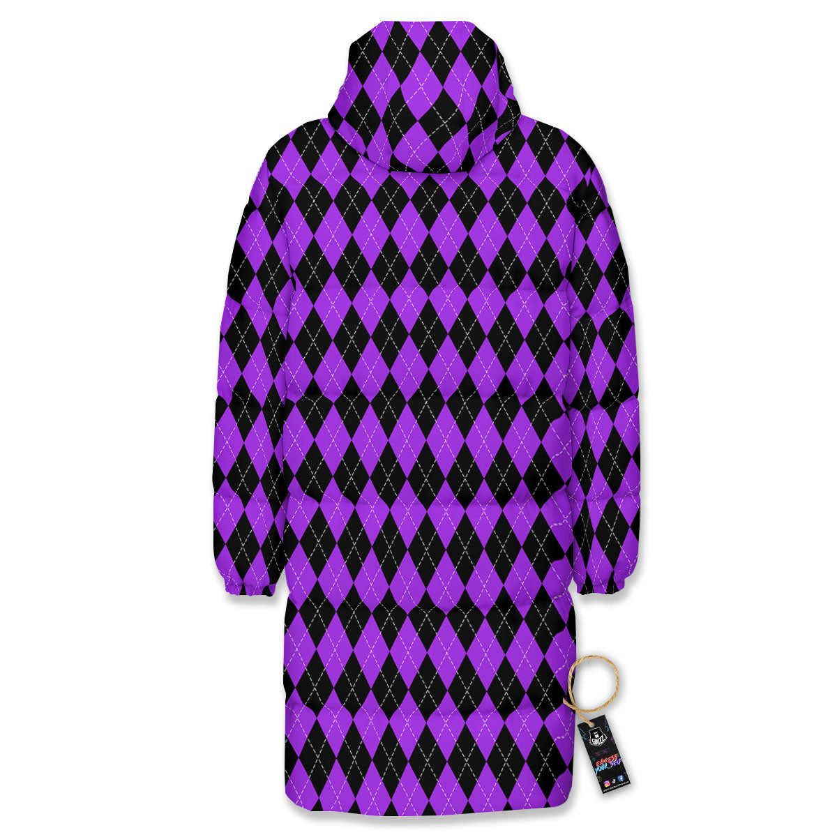 Argyle Purple And Black Print Pattern Long Down Jacket-grizzshop