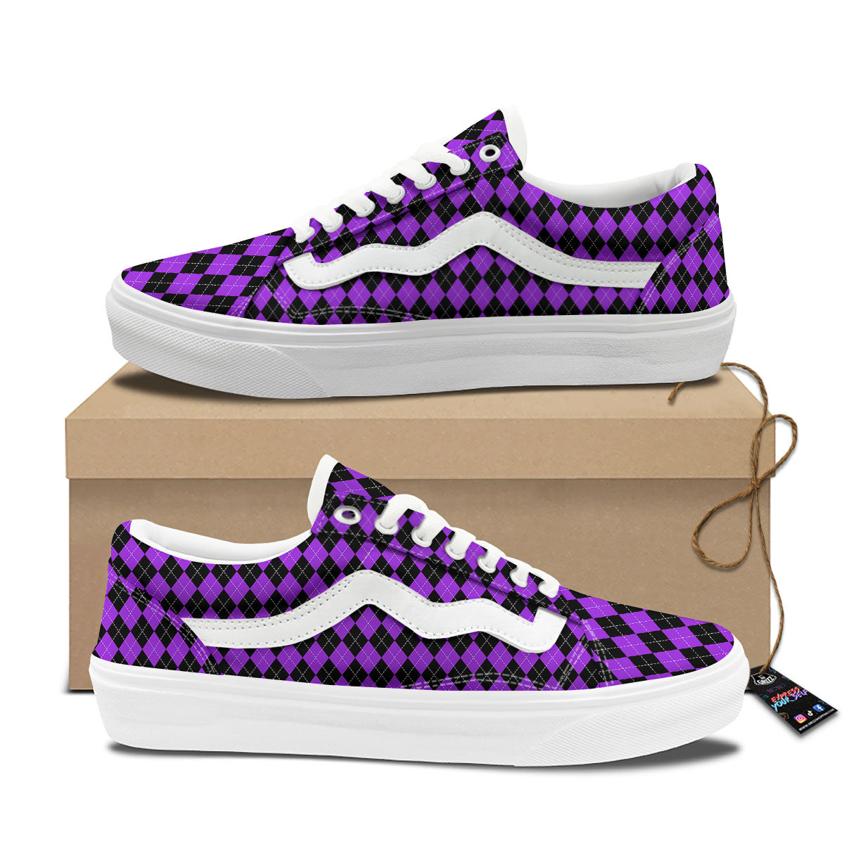 Argyle Purple And Black Print Pattern Skate Shoes-grizzshop