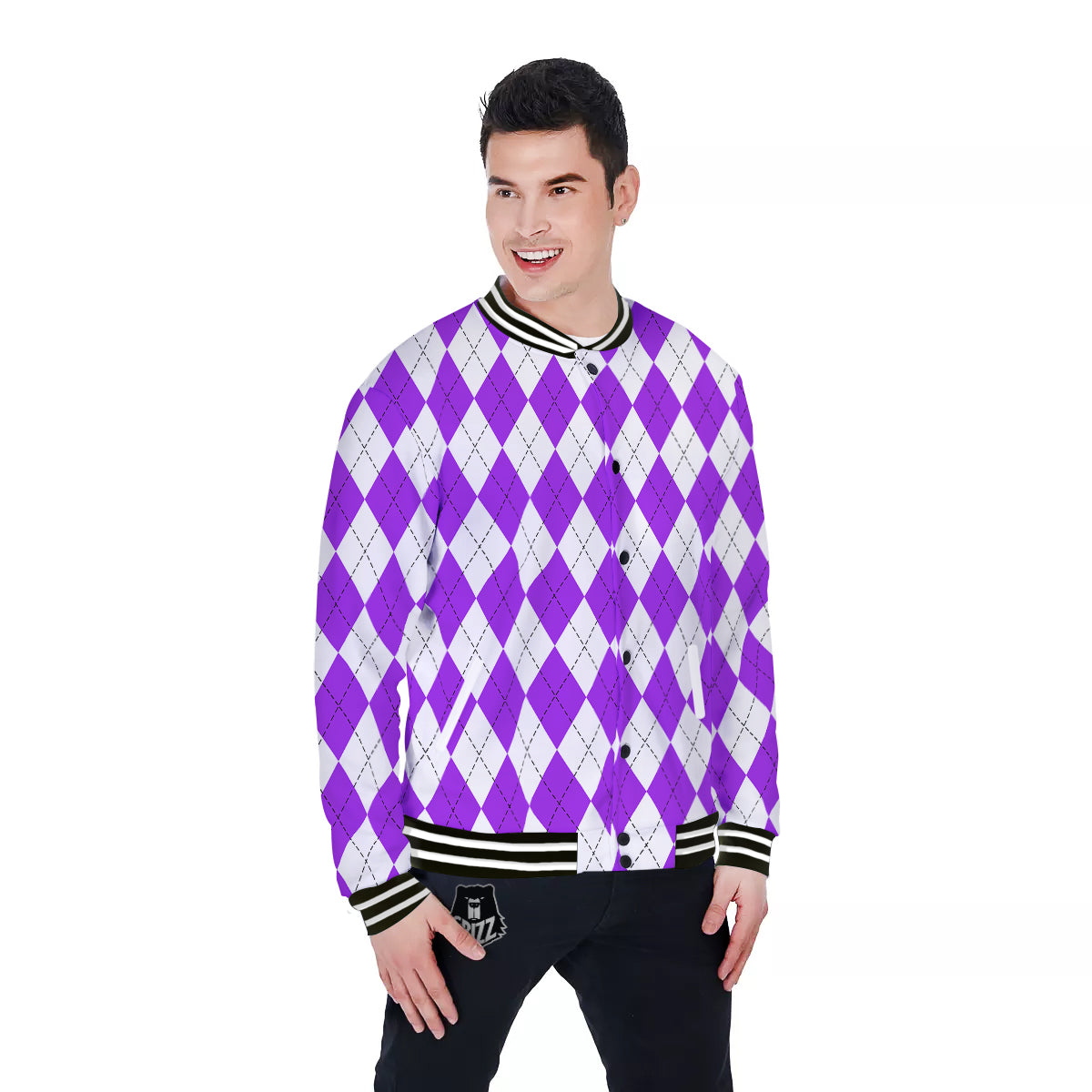 Argyle Purple And White Print Pattern Baseball Jacket-grizzshop