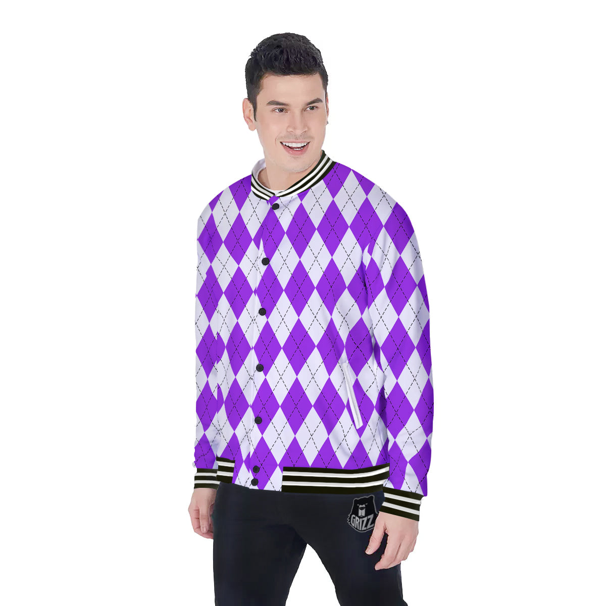 Argyle Purple And White Print Pattern Baseball Jacket-grizzshop