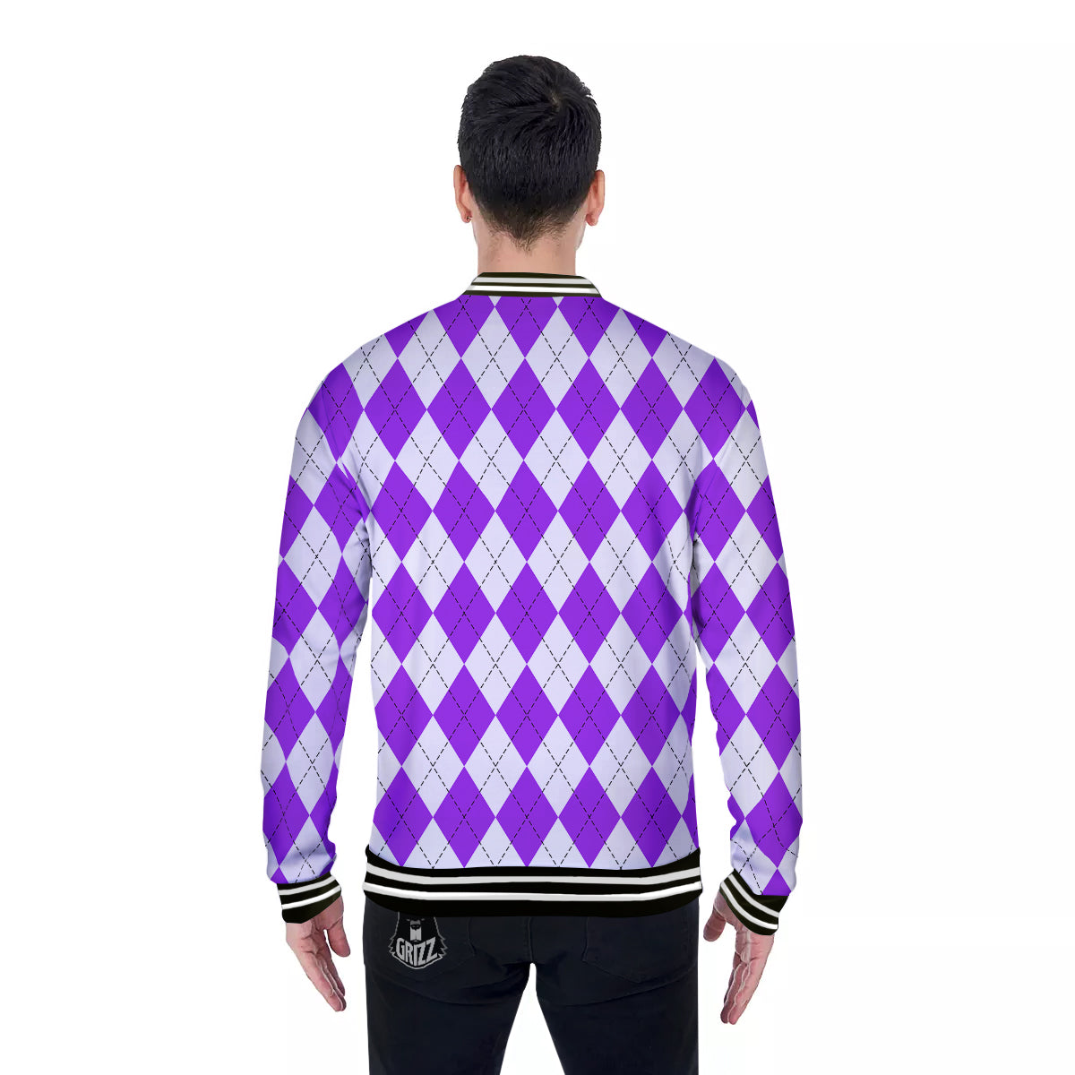 Argyle Purple And White Print Pattern Baseball Jacket-grizzshop