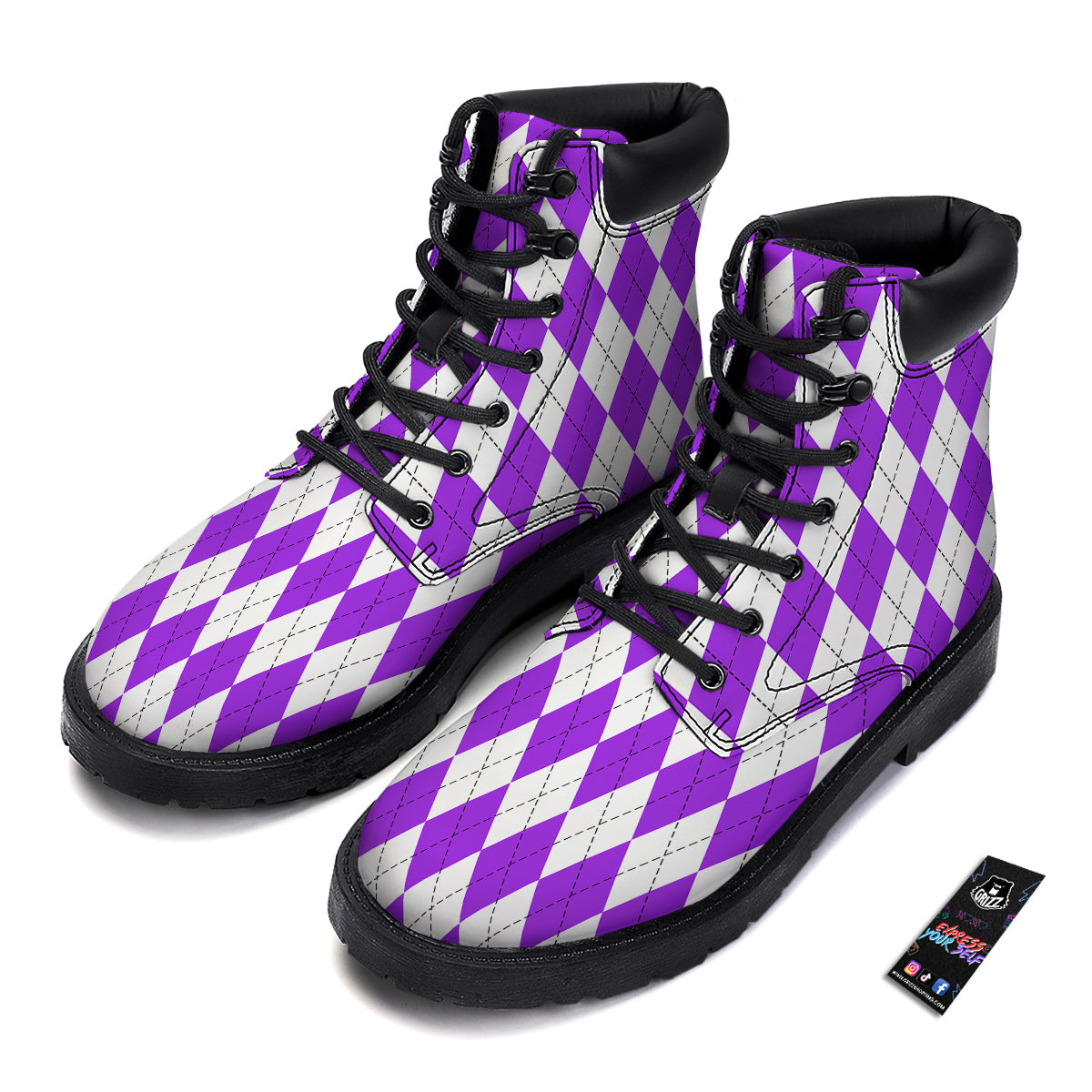 Argyle Purple And White Print Pattern Boots-grizzshop