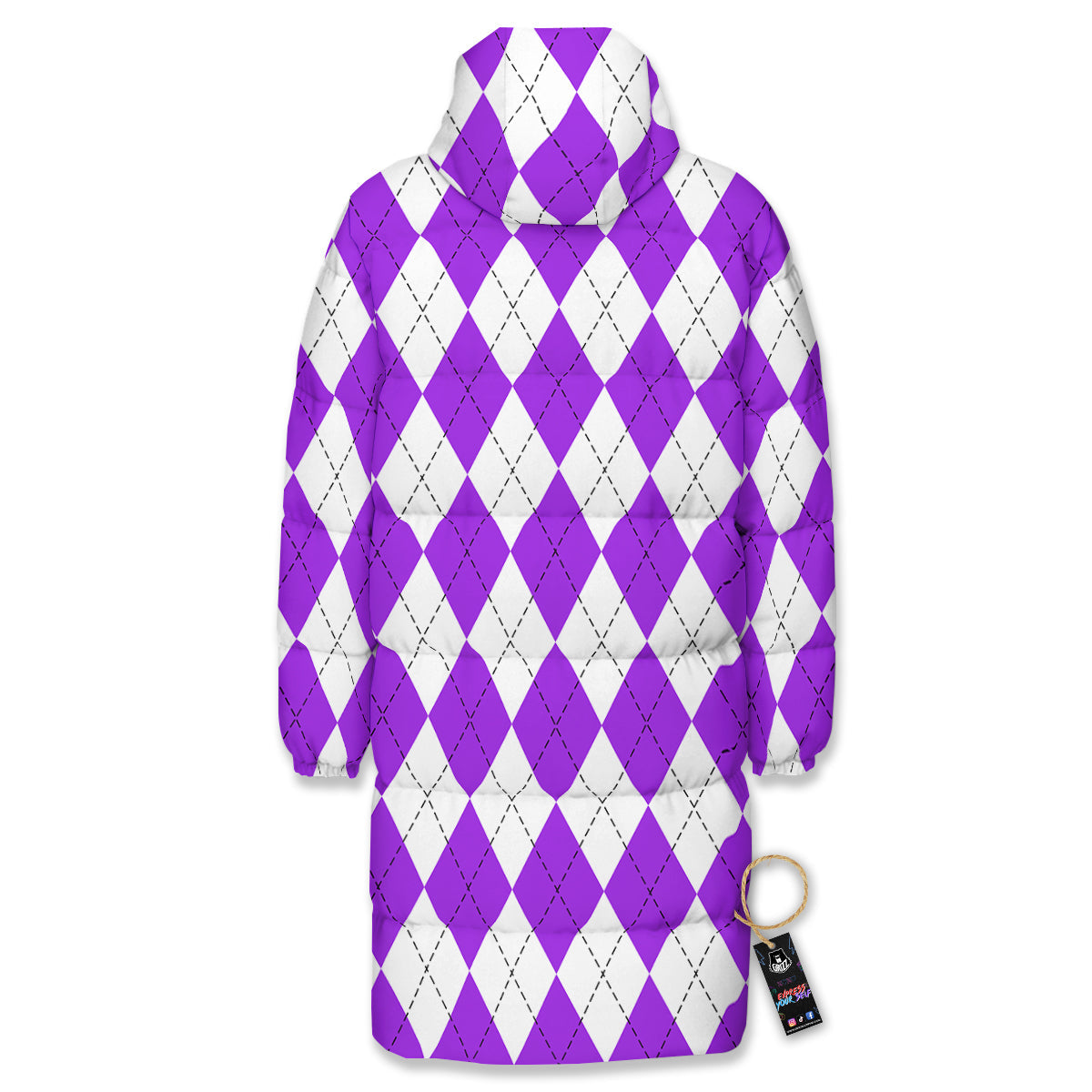 Argyle Purple And White Print Pattern Long Down Jacket-grizzshop