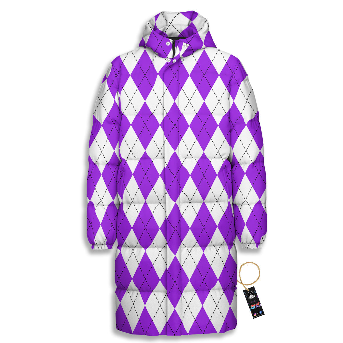 Argyle Purple And White Print Pattern Long Down Jacket-grizzshop