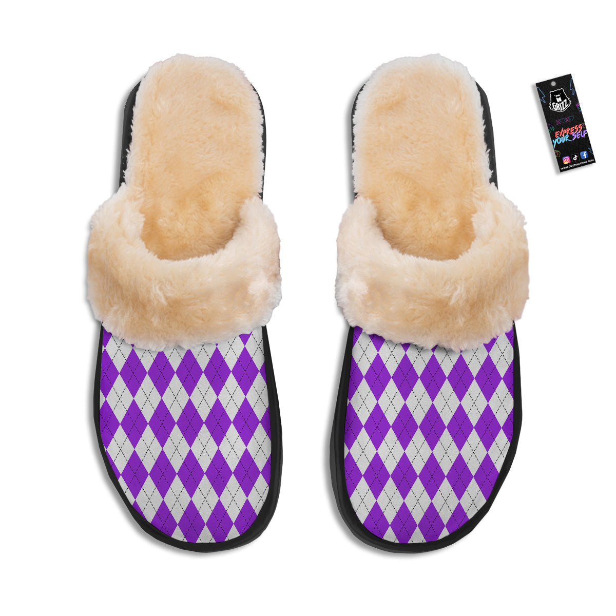 Argyle Purple And White Print Pattern Slippers-grizzshop