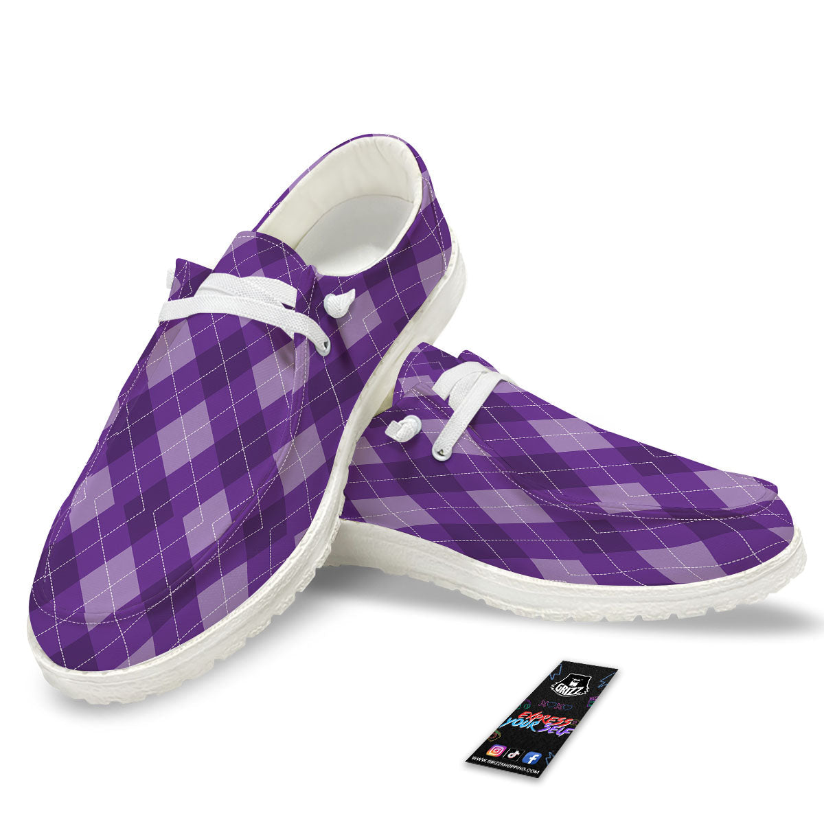 Argyle Purple Print Pattern Black Loafers-grizzshop