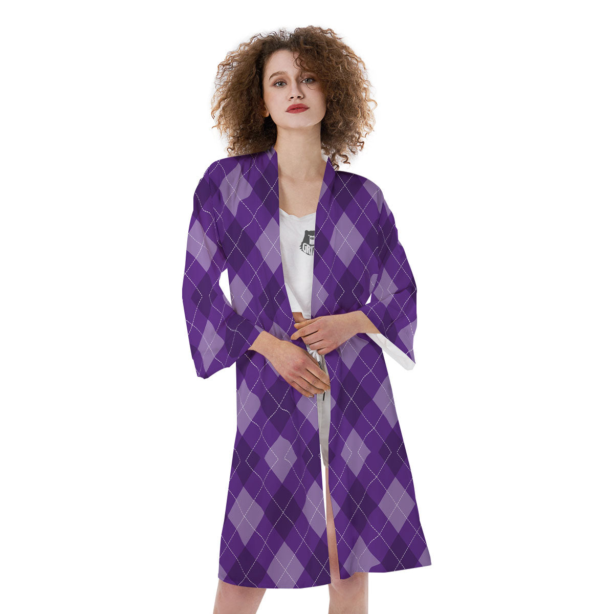 Argyle Purple Print Pattern Kimono-grizzshop