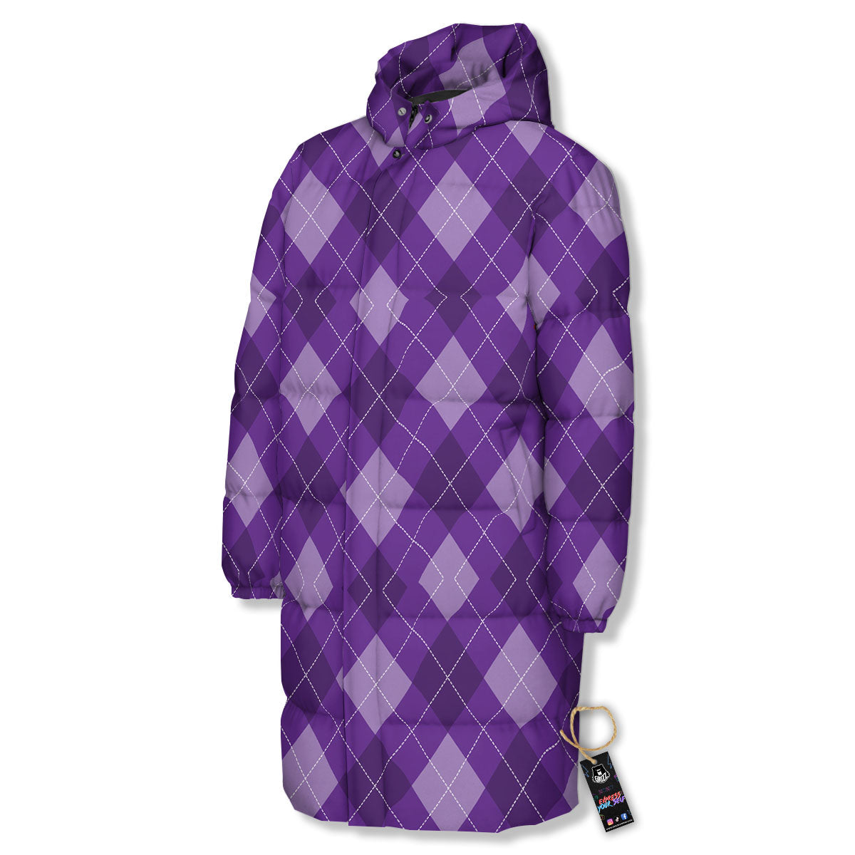 Argyle Purple Print Pattern Long Down Jacket-grizzshop