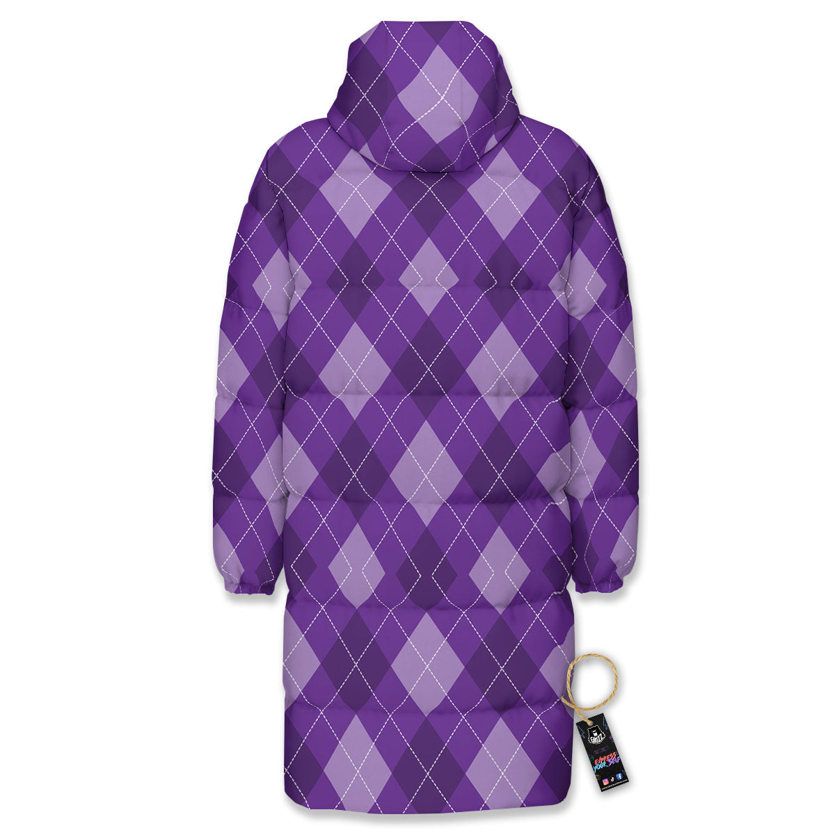Argyle Purple Print Pattern Long Down Jacket-grizzshop