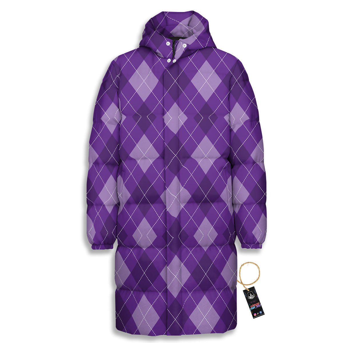 Argyle Purple Print Pattern Long Down Jacket-grizzshop