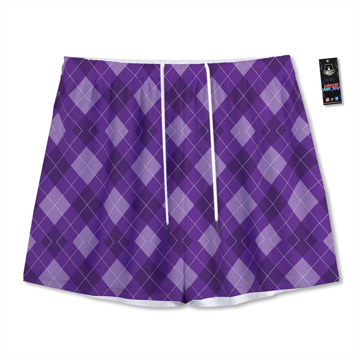 Argyle Purple Print Pattern Mesh Shorts-grizzshop