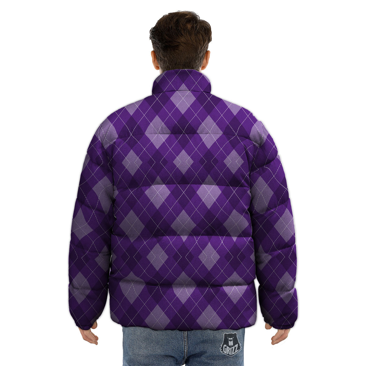 Argyle Purple Print Pattern Puffer Jacket-grizzshop