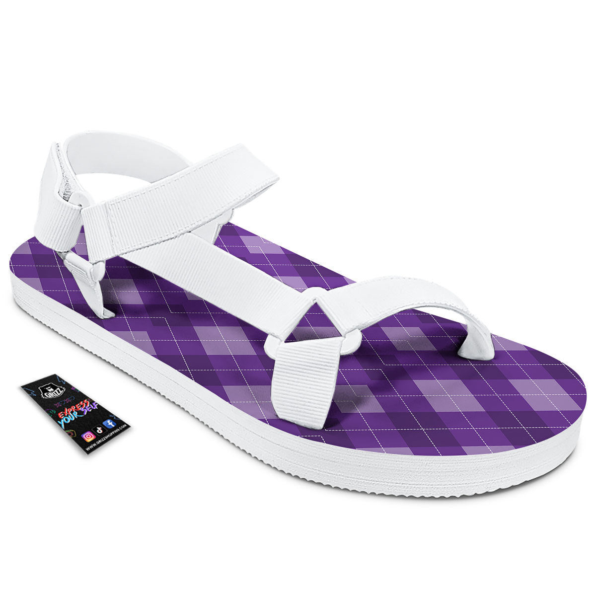 Argyle Purple Print Pattern White Open Toe Sandals-grizzshop