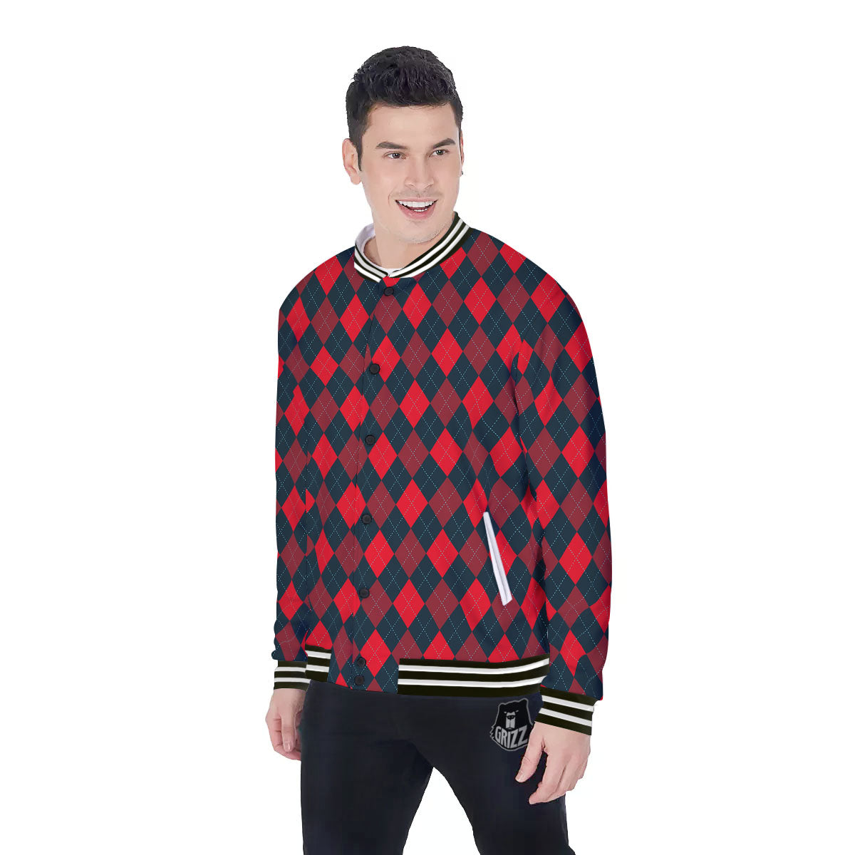 Argyle Red And Black Print Pattern Baseball Jacket-grizzshop