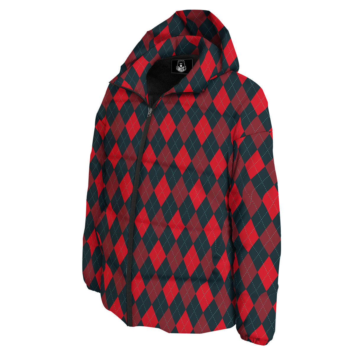 Argyle Red And Black Print Pattern Down Jacket-grizzshop