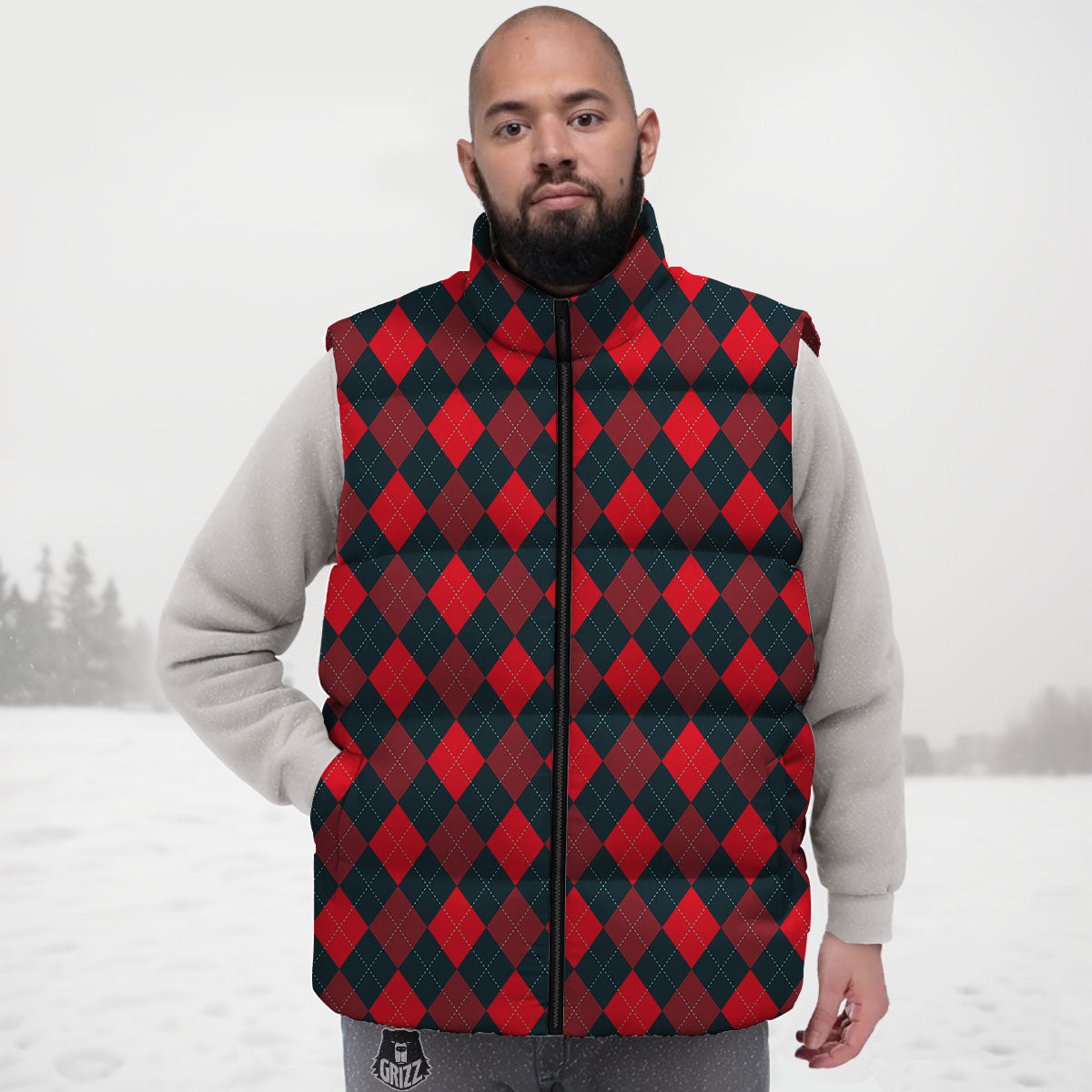 Argyle Red And Black Print Pattern Down Vest-grizzshop