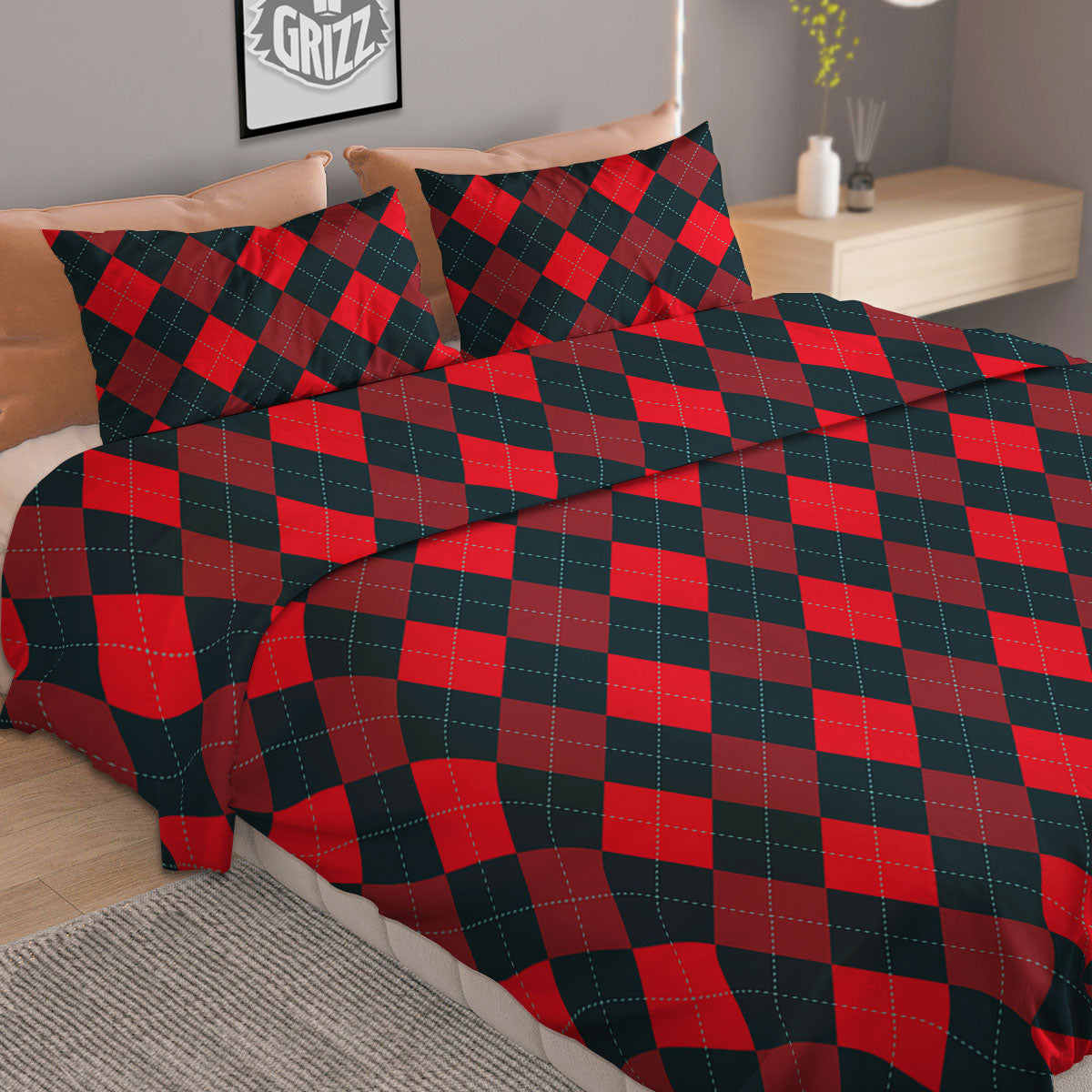 Argyle Red And Black Print Pattern Duvet Cover Bedding Set