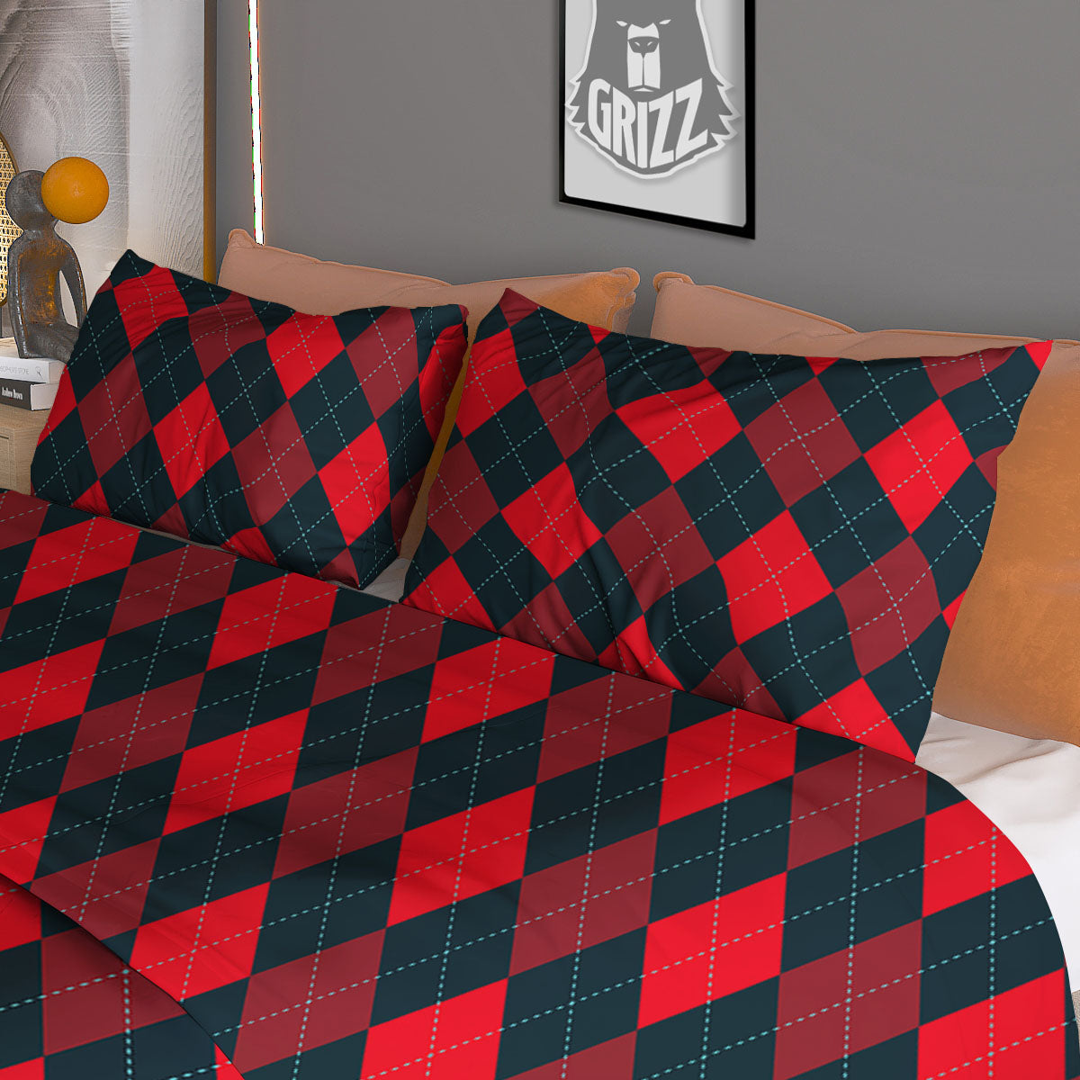 Argyle Red And Black Print Pattern Duvet Cover Bedding Set