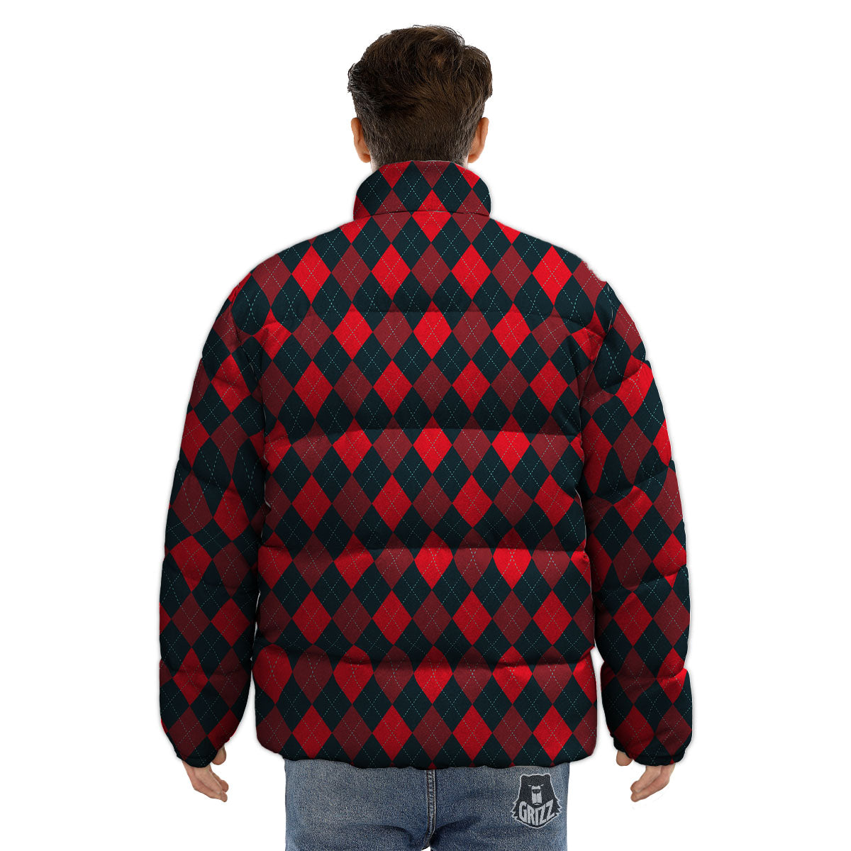 Argyle Red And Black Print Pattern Puffer Jacket-grizzshop