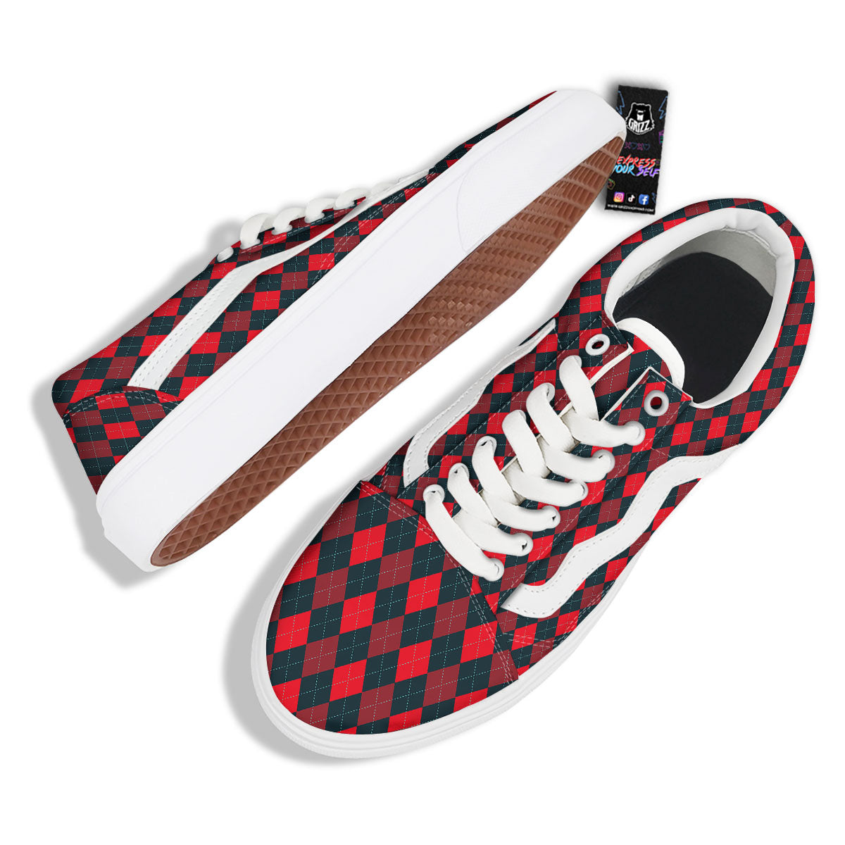 Argyle Red And Black Print Pattern Skate Shoes-grizzshop