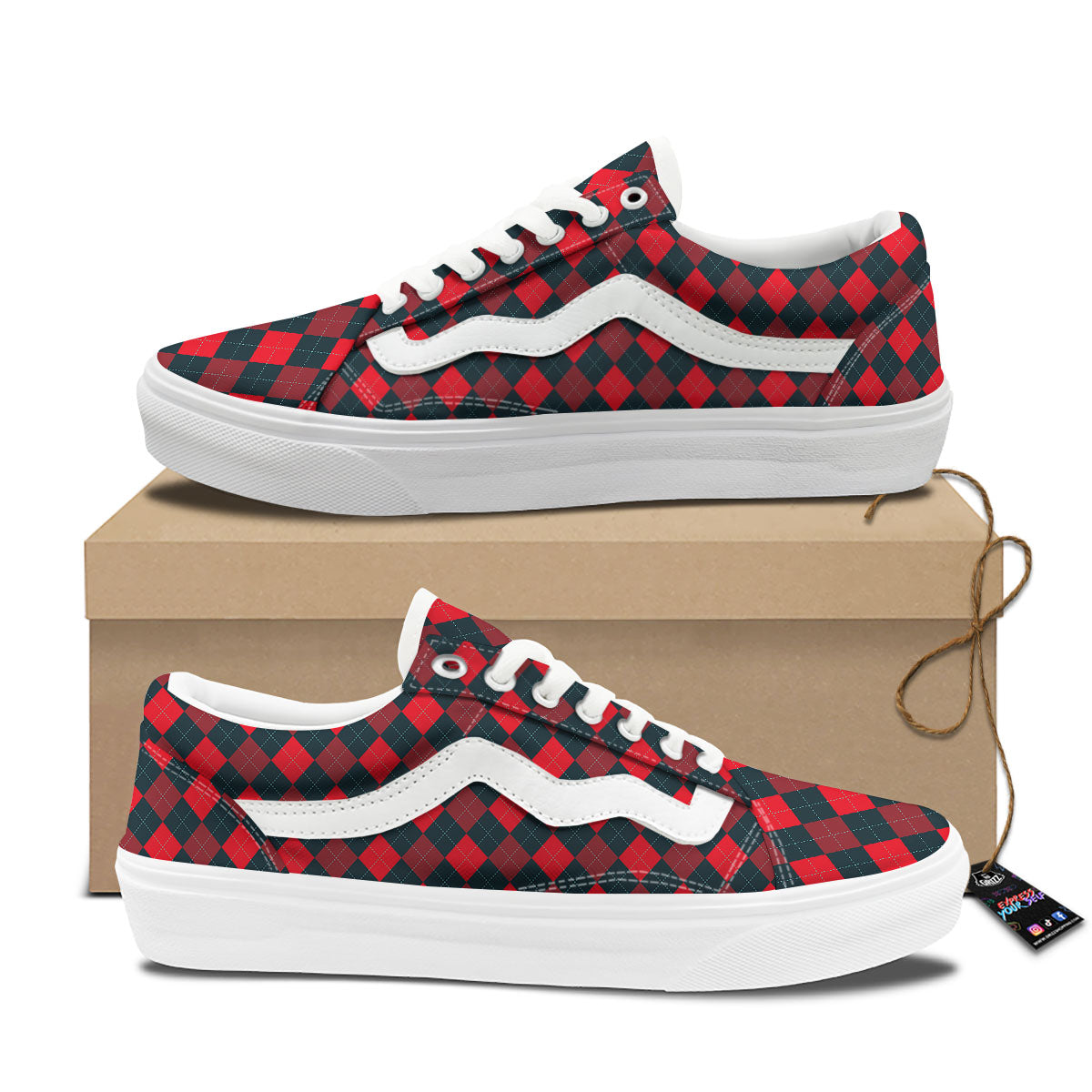 Argyle Red And Black Print Pattern Skate Shoes-grizzshop