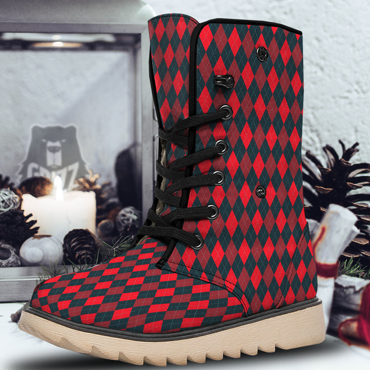 Argyle Red And Black Print Pattern Snow Boots-grizzshop