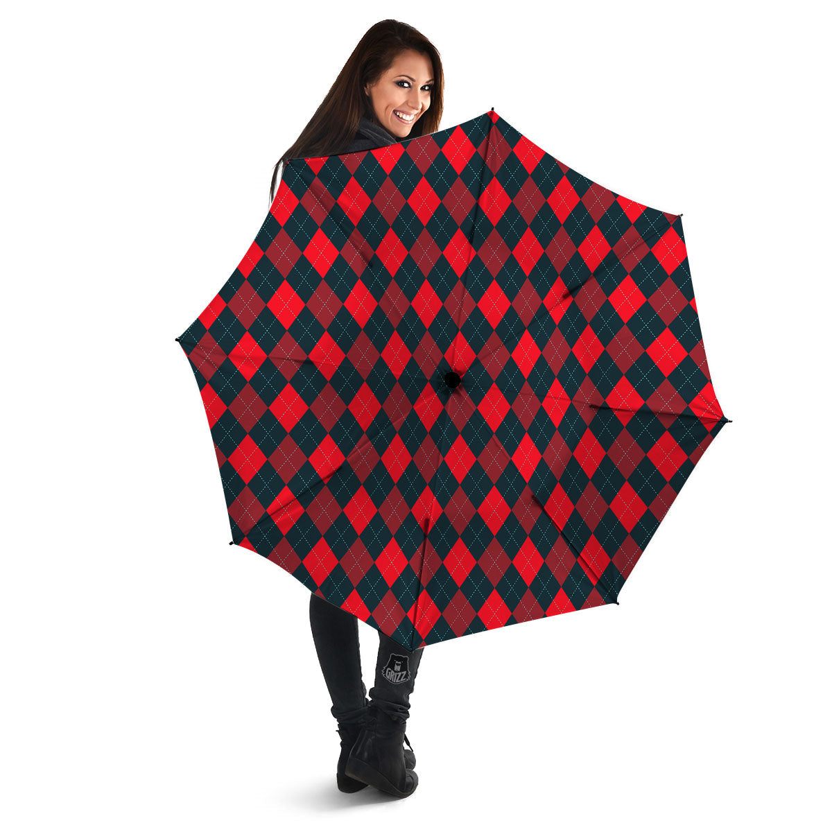 Argyle Red And Black Print Pattern Umbrella-grizzshop