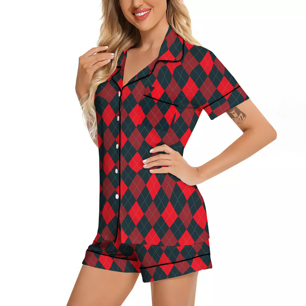 Argyle Red And Black Print Pattern Women Silk Pajamas-grizzshop