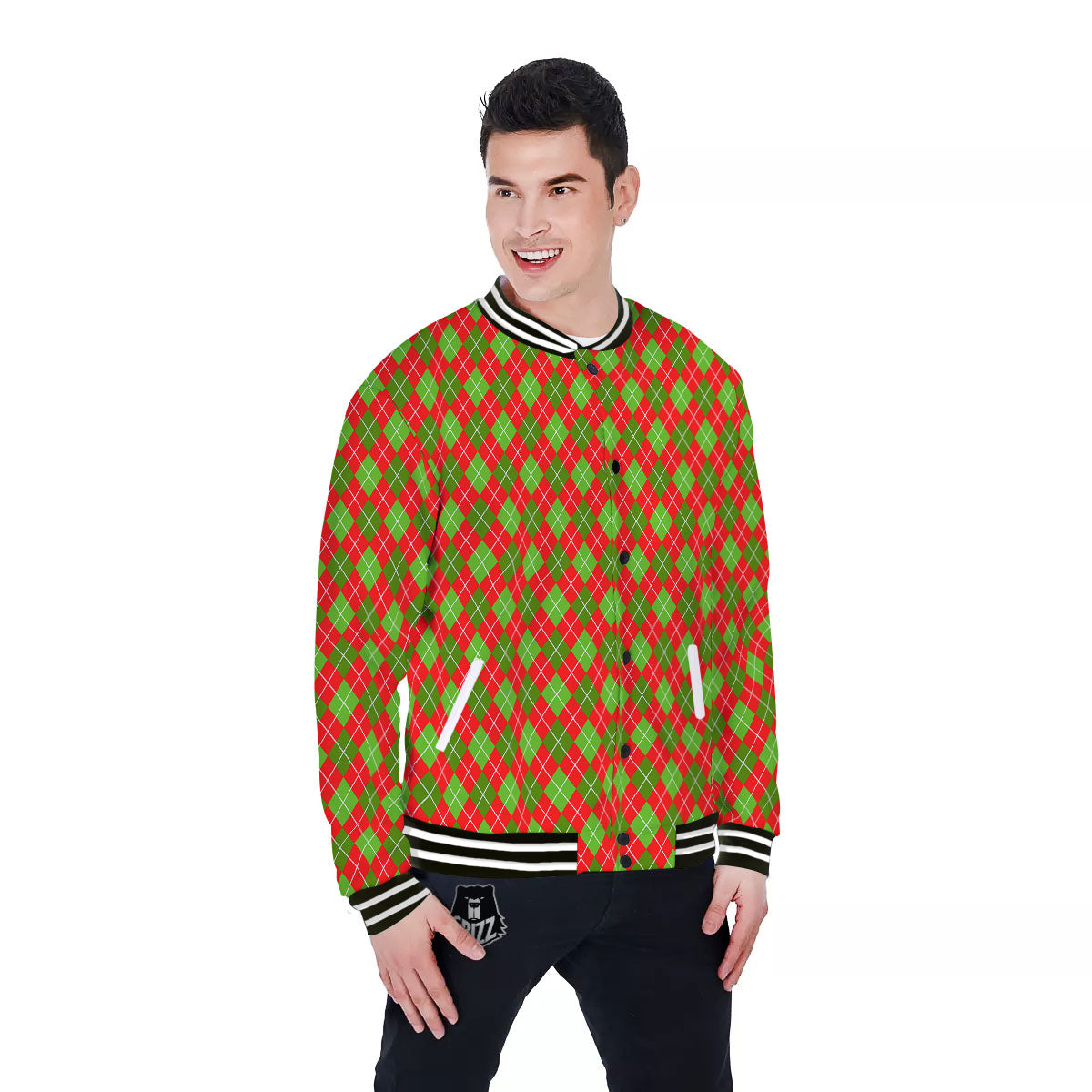Argyle Red And Green Print Pattern Baseball Jacket-grizzshop