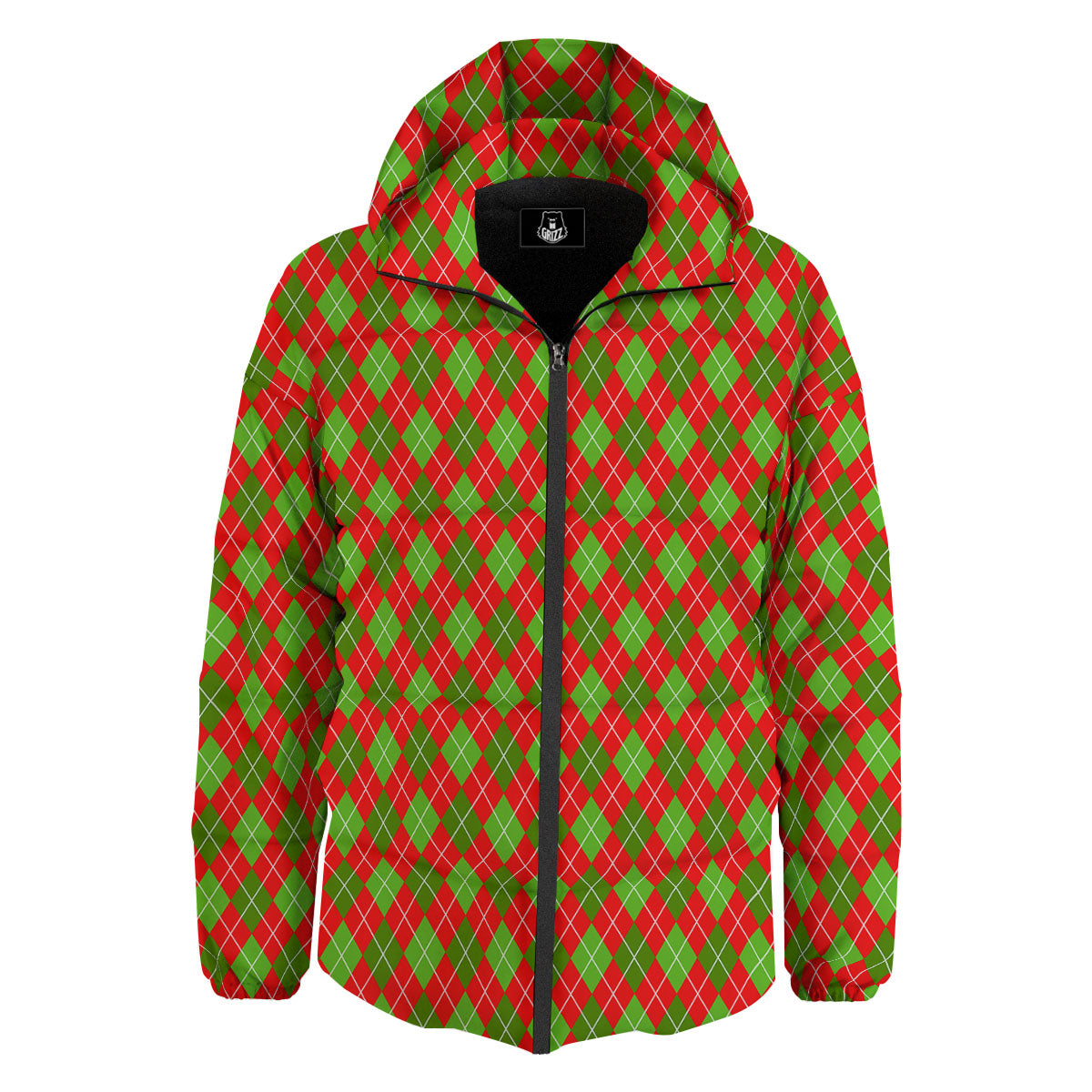 Argyle Red And Green Print Pattern Down Jacket-grizzshop