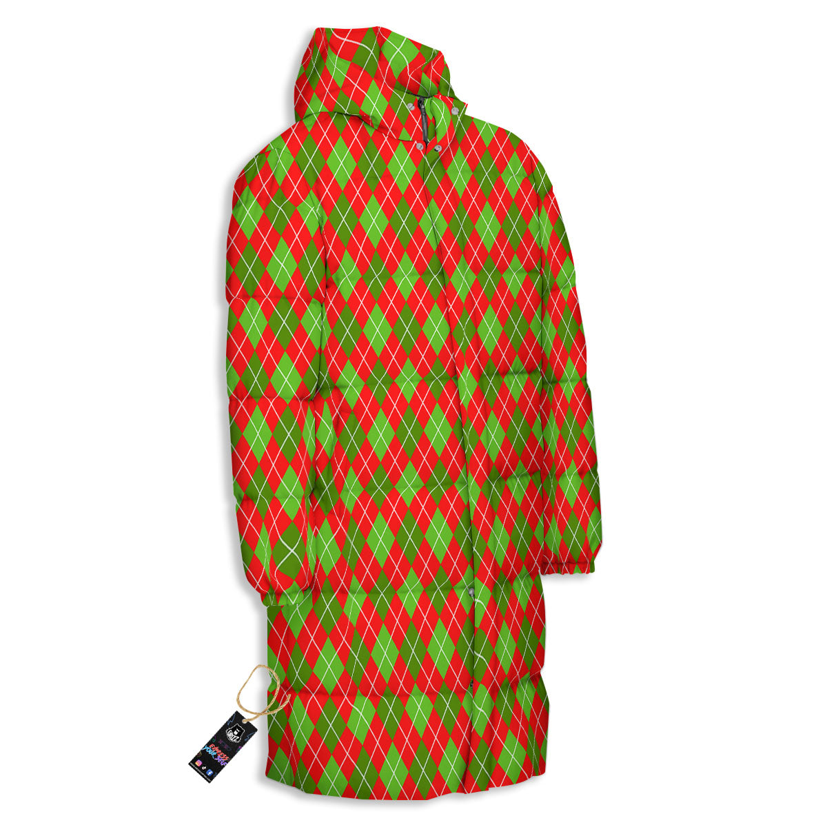Argyle Red And Green Print Pattern Long Down Jacket-grizzshop
