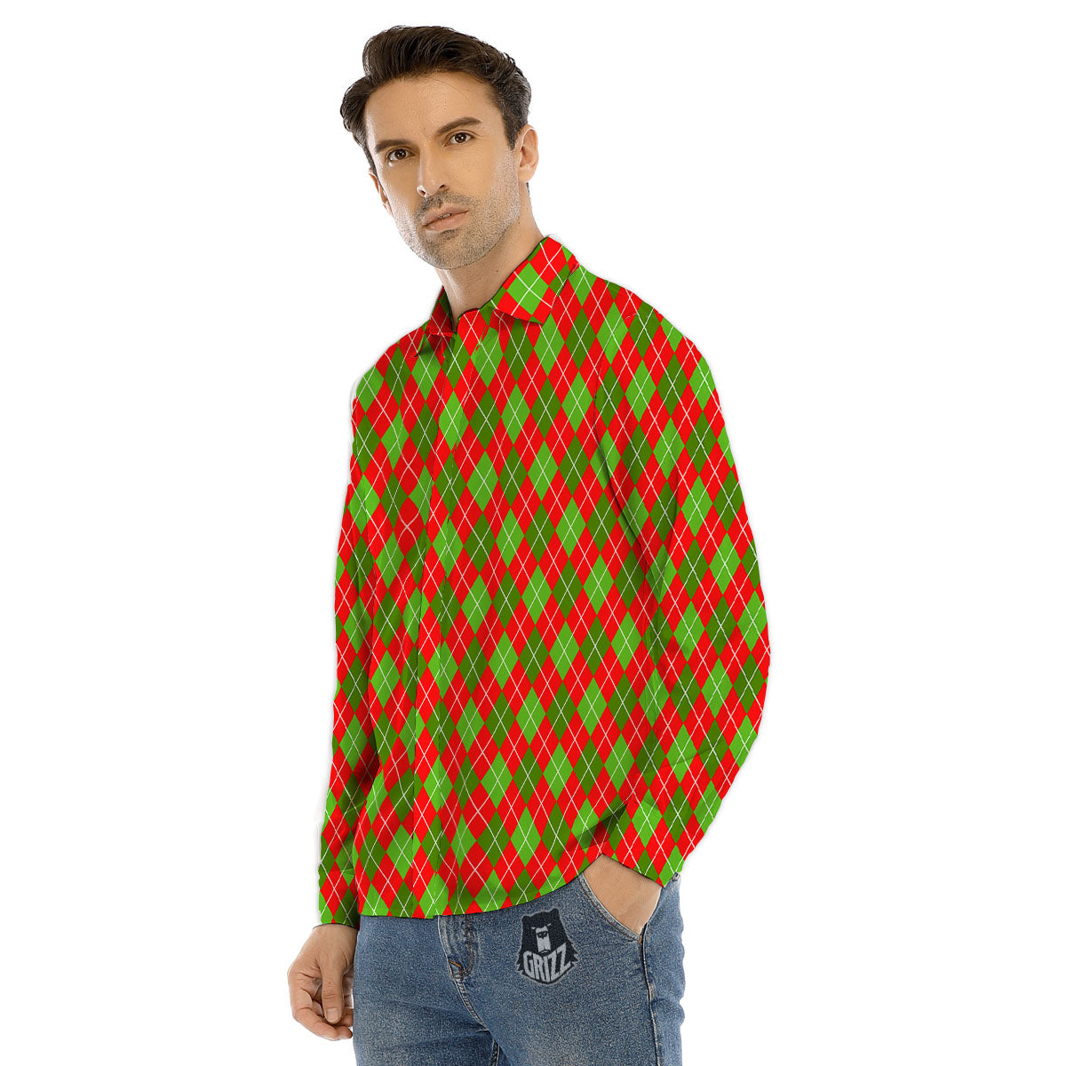 Argyle Red And Green Print Pattern Men's Dress Shirts-grizzshop